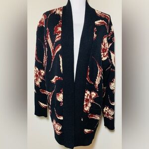 Le Serein Floral Knit Cardigan Sweater Open Front Women Large